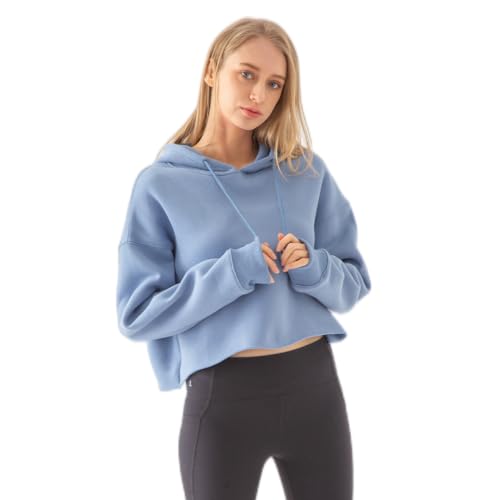 Amazhiyu Damen Cropped Hoodies Langarm Fleece Crop Top Sweatshirt mit Kapuze, blau, M/L, (222059WSP) von Amazhiyu