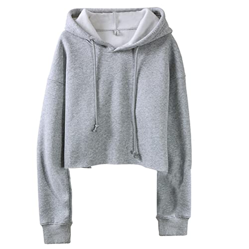 Amazhiyu Damen Cropped Hoodies Langarm Fleece Crop Top Sweatshirt mit Kapuze, grau meliert, XL-XXL von Amazhiyu