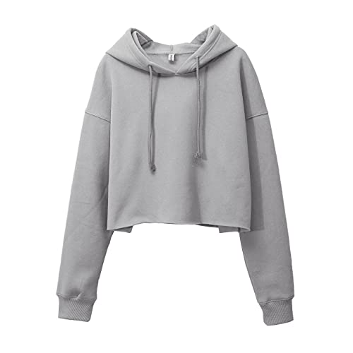 Amazhiyu Damen Cropped Hoodies Langarm Fleece Crop Top Sweatshirt mit Kapuze, hellgrau, M/L von Amazhiyu