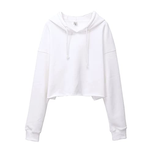 Amazhiyu Damen Cropped Hoodies Langarm Fleece Crop Top Sweatshirt mit Kapuze, weiß, L/X-Large von Amazhiyu