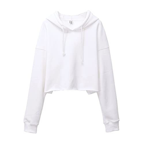Amazhiyu Damen Cropped Hoodies Langarm Fleece Crop Top Sweatshirt mit Kapuze, weiß, Small-Medium von Amazhiyu