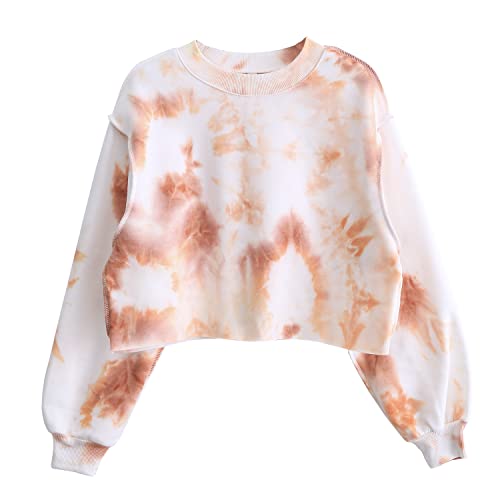 Amazhiyu Damen Cropped Sweatshirt Pullover Fleece Cropped Hoodie Lange Ärmel Casual Crop Top für Herbst Winter, Batik-Orange, M/L von Amazhiyu