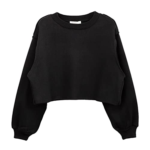 Amazhiyu Damen Cropped Sweatshirt Pullover Fleece Cropped Hoodie Lange Ärmel Casual Crop Top für Herbst Winter, Schwarz , 48 von Amazhiyu