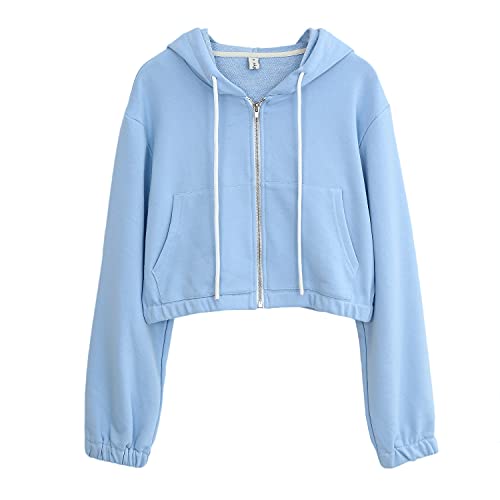 Amazhiyu Damen Cropped Zip Up Hoodie Langarm Pullover Kapuzenpullover Sweatshirt Casual Crop Top, blau, 42 von Amazhiyu