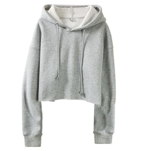 Amazhiyu Damen Fleece Cropped Hoodie Langarm Winter Casual Sweatshirt mit Kapuze, grau meliert, 36 von Amazhiyu