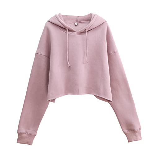 Amazhiyu Damen Fleece Cropped Hoodie Langarm Winter Casual Sweatshirt mit Kapuze, rosa - Dusty pink, 42 von Amazhiyu