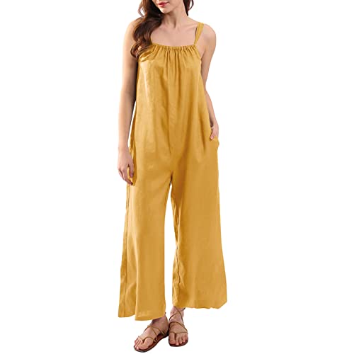 Amazhiyu Damen-Jumpsuits aus reinem Leinen, ärmellos, mit weitem Bein, mit Taschen, Fuchsrot, Small Amazhiyu Damen-Jumpsuits aus reinem Leinen, ärmellos, mit weitem Bein, mit Taschen, Fuchsrot, Small von Amazhiyu