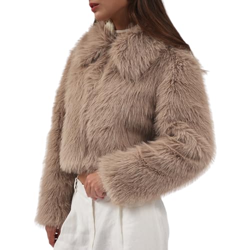 Amazhiyu Damen-Kunstfellmantel, Winterjacke, langärmelig, Rundhalsausschnitt, Reißverschluss, Outwear, Plüsch, warmer Wintermantel, khaki, XXL von Amazhiyu