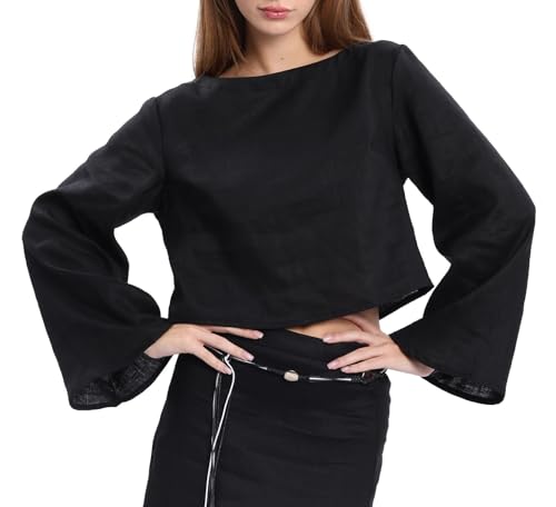Amazhiyu T Shirts Damen Crop Top Langarm 100% Leinen Longsleeve Kurz Shirt Locker Langarmshirt Womens Sommertops Casual Tshirt Basics Oberteil, Schwarz, M von Amazhiyu