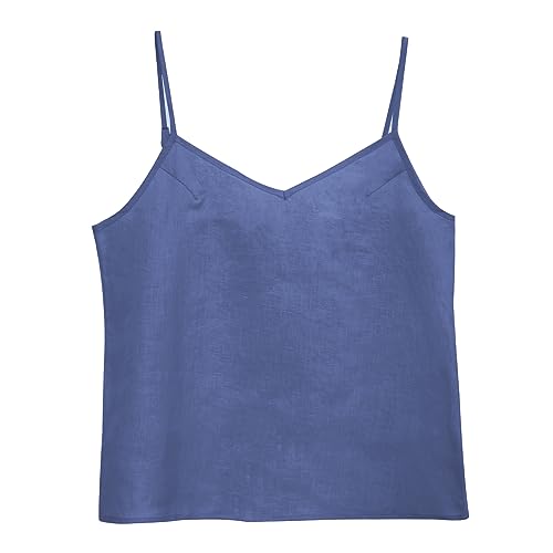 Amazhiyu Damen Leinen Camisole Tank Top V-Ausschnitt Lose Casual Verstellbare Träger Tops, Marineblau, Groß von Amazhiyu