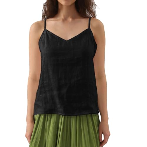 Amazhiyu Damen Leinen Camisole Tank Top V-Ausschnitt Lose Casual Verstellbare Träger Tops, Schwarz, X-Groß von Amazhiyu