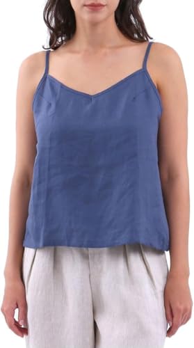 Amazhiyu Damen Leinen Tops Sommer Ärmellos Spaghetti Trägershirt Blumendruck Crop Tanktop V-Ausschnitt Sommertop Tshirt Trägertop Blusentops Basic Oberteil Top Vest, Dunkelblau, S von Amazhiyu