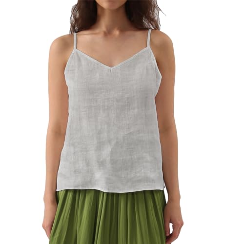 Amazhiyu Damen Leinen Tops Sommer Ärmellos Spaghetti Trägershirt Blumendruck Crop Tanktop V-Ausschnitt Sommertop Tshirt Trägertop Blusentops Basic Oberteil Top Vest, Leinen, S von Amazhiyu