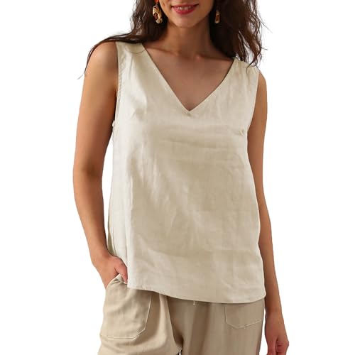 Amazhiyu Damen-Leinenbluse, ärmellos, Tank-Top, Sommer, Basic, lässig, V-Ausschnitt, leinen, Large von Amazhiyu