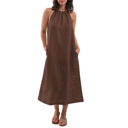 Amazhiyu Damen-Maxikleid aus Leinen, ärmellos, mit Gürtel und Taschen, Kaffee, X-Klein Amazhiyu Damen-Maxikleid aus Leinen, ärmellos, mit Gürtel und Taschen, Kaffee, X-Klein von Amazhiyu