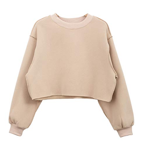 Amazhiyu Damen Pullover Fleece Cropped Hoodie Lange Ärmel Casual Crop Top für Herbst Winter, beige, 38 von Amazhiyu