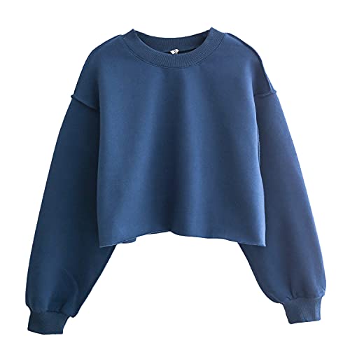 Amazhiyu Damen Pullover Fleece Cropped Hoodie Lange Ärmel Casual Crop Top für Herbst Winter, blau, 42 von Amazhiyu