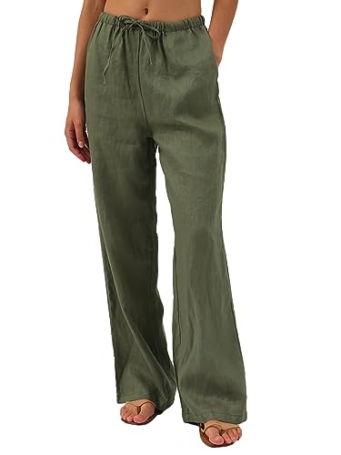 Amazhiyu Damen-Sommerhose aus reinem Leinen, mit Kordelzug, fließend, weites Bein, mit Taschen, Grün , S von Amazhiyu