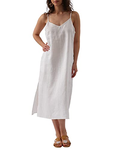 Amazhiyu Damen Sommerkleid aus reinem Leinen, V-Ausschnitt, Midi-Spaghettiträger, Slip-Kleid mit Taschen, Weiss/opulenter Garten, X-Groß von Amazhiyu
