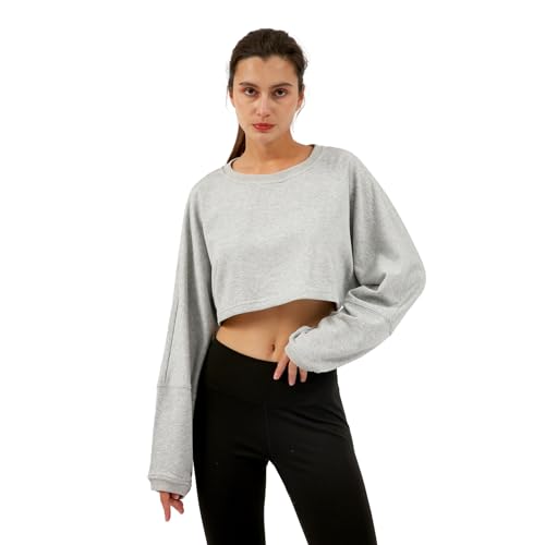 Amazhiyu Damen Sweatshirt, Crop Pullover Ohne Kapuze, Casual Basic Pulli Oversized, Rundhals Kurz Hoodie Langarmshirt Tops, Grau, L von Amazhiyu