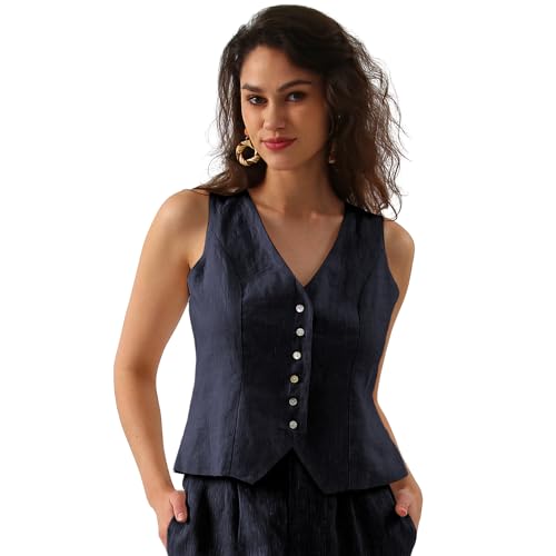 Amazhiyu Damen-Weste aus Leinen, ärmellos, mit Knopfleiste, V-Ausschnitt, bauchfreies Oberteil, Sommerweste, Mantel, Weste, verstellbarer Riemen, blau, L von Amazhiyu