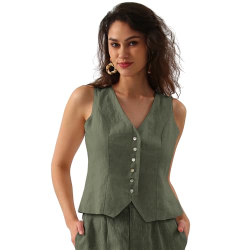 Amazhiyu Weste aus 100 % Leinen, für Damen, Sommer, V-Ausschnitt, Knopfleiste, ärmellos, bauchfreies Top mit verstellbarem Riemen, grün, XXL von Amazhiyu