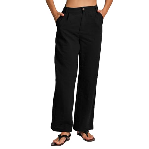 Amazhiyu Damenhosen Leinenhose Damen Hose Baggy Business Outfit Lang Leinen Wide Leg Stoffhose Weites Bein Anzughose Elegant Mit Taschen, Schwarz, S von Amazhiyu