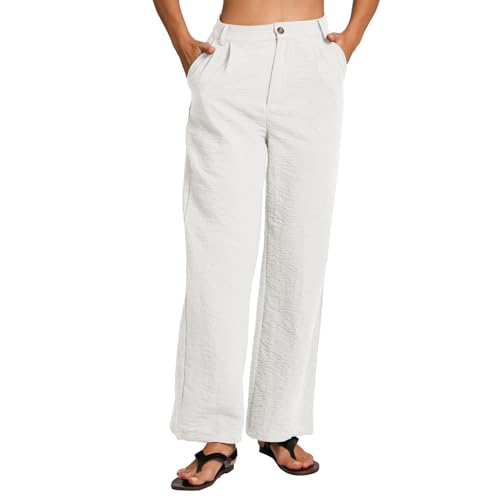 Amazhiyu Damenhosen Leinenhose Damen Hose Baggy Business Outfit Lang Leinen Wide Leg Stoffhose Weites Bein Anzughose Elegant Mit Taschen, Weiß, S von Amazhiyu