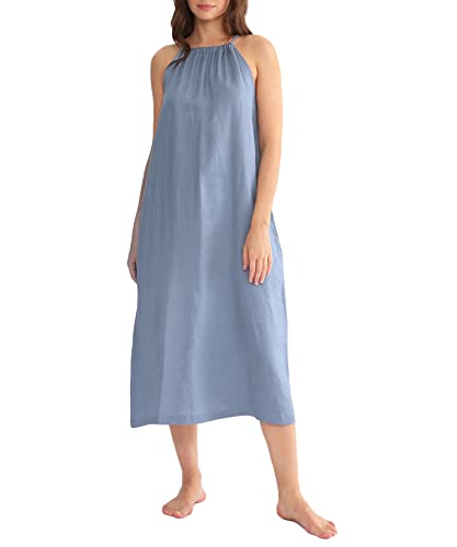 Amazhiyu Lässiges Leinenkleid für Damen, 100 % Leinen, Sommerkleid, ärmellos, Maxikleid, Kordelzug, Raffhalter mit Gürtel und Taschen, blau, XX-Large von Amazhiyu