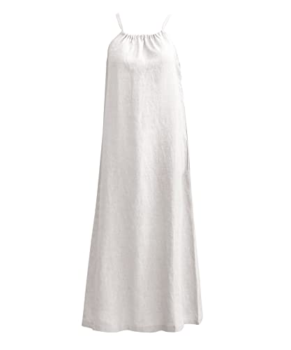 Amazhiyu Damenkleid, legeres Leinenkleid, 100 % Leinen, Sommer-Neckholder, ärmelloses Maxikleid, Kordelzug, Raffhalter mit Gürtel und Taschen, weiß, X-Large von Amazhiyu