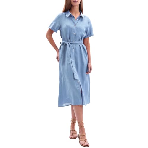 Amazhiyu Damenkleider Sommer Leinenkleid Blusenkleid Langes Sommerkleid Midi Shirtkleid Midikleid Hemdblusenkleid Hemdkleid A Linien Kleid Elegant Mit Taschen und Hüftgürtel, Blau, M von Amazhiyu
