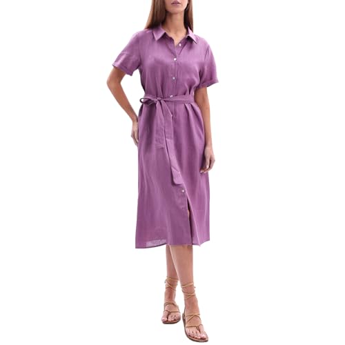 Amazhiyu Damenkleider Sommer Leinenkleid Blusenkleid Langes Sommerkleid Midi Shirtkleid Midikleid Hemdblusenkleid Hemdkleid A Linien Kleid Elegant Mit Taschen und Hüftgürtel, Violett, L von Amazhiyu