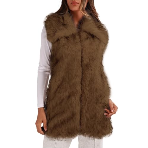 Amazhiyu Fellweste Damen, Felljacke Weste Lang Pelzjacke Pelzmantel Kunstfell Jacke Mantel Winter Ärmellos Plüschmantel Kunstpelz Westen Damenwesten Mit Taschen und Reißverschluss, Braun, M von Amazhiyu