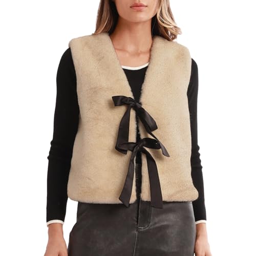 Amazhiyu Fellweste Damen, Kunstfell Weste Kurz Plüschweste Ärmellos Damenwesten Kunstpelz Westen Herbst Winter Pelzweste Winterweste Warme Fleece Weste, Hellbraun, L von Amazhiyu