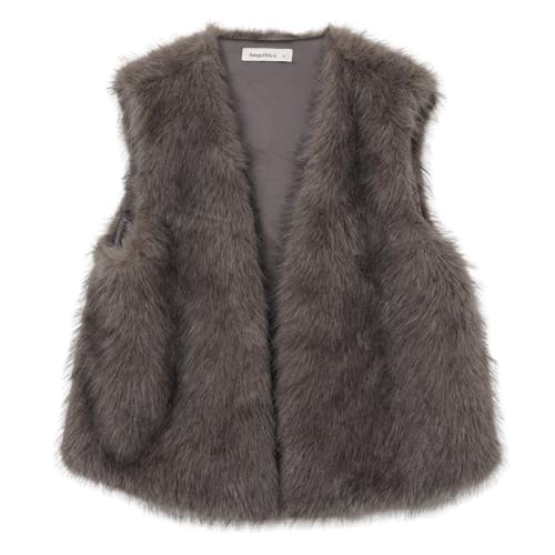 Amazhiyu Fellweste Damen, Kunstfell Weste Kurz Plüschweste Herbst Winter, Damenwesten Ärmellos Kunstpelz Westen Winterweste Pelzweste Warme Fleece Weste, Grau, XL von Amazhiyu