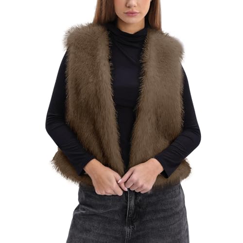 Amazhiyu Fellweste Damen, Kunstfell Weste Kurz Plüschweste Herbst Winter, Damenwesten Ärmellos Kunstpelz Westen Winterweste Pelzweste Warme Fleece Weste, Khaki, M von Amazhiyu