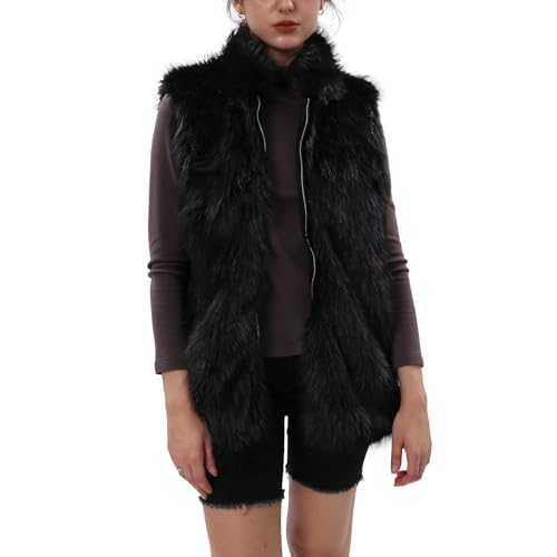 Amazhiyu Fellweste Damen, Pelzmantel Pelzjacke Lang Weste, Kunstfell Jacke Mantel Winter Herbst, Ärmellos Plüschmantel Kunstpelz Westen Elegant, Damenwesten mit Taschen und Reißverschluss, Schwarz, L von Amazhiyu