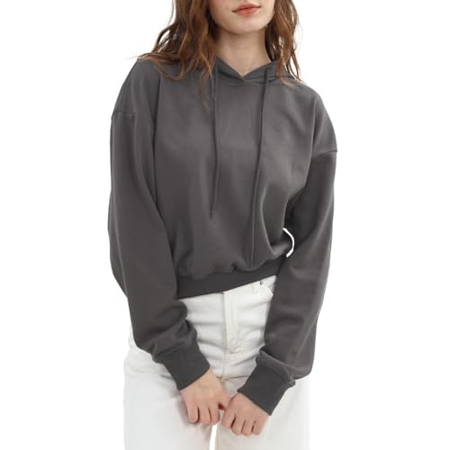 Amazhiyu Hoodie Damen, Crop Pullover Kurz Sweatshirt Mit Kapuze Langarm Kapuzenpullover Basic Einfarbig Pulli Herbst Winter Oberteil Tops, Karbon Grau, S von Amazhiyu
