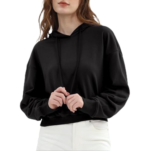 Amazhiyu Hoodie Damen, Crop Pullover Kurz Sweatshirt Mit Kapuze Langarm Kapuzenpullover Basic Einfarbig Pulli Herbst Winter Oberteil Tops, Schwarz, XL von Amazhiyu