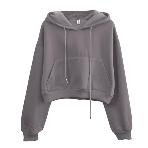 Amazhiyu Hoodie Damen, Fleecepullover Crop Pullover Kurz Sweatshirt Mit Kapuze, Langarm Kapuzenpullover Pulli Herbst Winter Oberteil Tops Mit Taschen, Karbon Grau, S von Amazhiyu