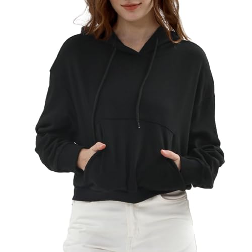 Amazhiyu Hoodie Damen Kapuzenpullover Crop Pullover Langarm Sweatshirt Mit Kapuze Baumwolle Pulli Einfarbig Basic Hoody Herbst Winter Oberteil Tops Mit Taschen, Schwarz, S von Amazhiyu