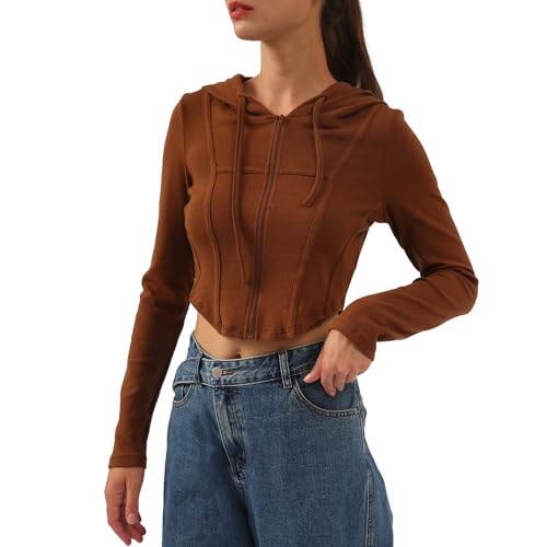 Amazhiyu Hoodie Damen Kurz Sweatjacke Crop Pullover Mit Kapuze Langarm Kapuzenpullover Baumwolle Sweatshirt Jacke Mit Reißverschluss, Braun, XL von Amazhiyu