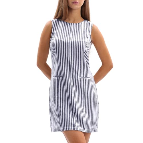 Amazhiyu Kleider Sommer, Leinenkleid Damen Tank Minikleid Ärmellos Kleid Kurz Sommerkleid Strandkleid Elegant Rundhals Gestreift Freizeitkleid, Blau, S von Amazhiyu