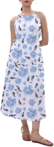 Amazhiyu Kleider Sommer Leinenkleid Damen Sommerkleid Strandkleid Lang 100% Leinen Maxikleid Damenkleider Neckholder Freizeitkleid Mit Gürtel und Taschen, Blau Blumen, XL von Amazhiyu
