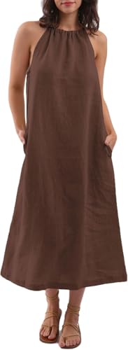 Amazhiyu Kleider Sommer Leinenkleid Damen Sommerkleid Strandkleid Lang 100% Leinen Maxikleid Damenkleider Neckholder Freizeitkleid Mit Gürtel und Taschen, Braun, L von Amazhiyu
