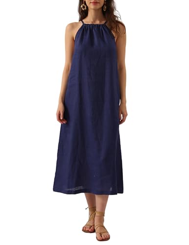 Amazhiyu Kleider Sommer Leinenkleid Damen Sommerkleid Strandkleid Lang 100% Leinen Maxikleid Damenkleider Neckholder Freizeitkleid Mit Gürtel und Taschen, Dunkelblau, L von Amazhiyu