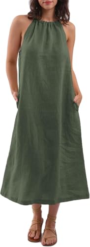 Amazhiyu Kleider Sommer Leinenkleid Damen Sommerkleid Strandkleid Lang 100% Leinen Maxikleid Damenkleider Neckholder Freizeitkleid Mit Gürtel und Taschen, Grün, L von Amazhiyu