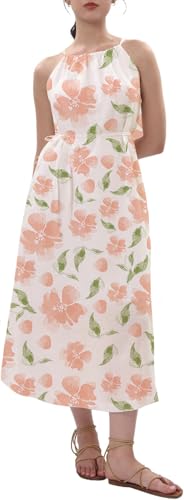 Amazhiyu Kleider Sommer Leinenkleid Damen Sommerkleid Strandkleid Lang 100% Leinen Maxikleid Damenkleider Neckholder Freizeitkleid Mit Gürtel und Taschen, Orange Blumen, M von Amazhiyu