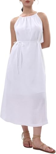 Amazhiyu Kleider Sommer Leinenkleid Damen Sommerkleid Strandkleid Lang 100% Leinen Maxikleid Damenkleider Neckholder Freizeitkleid Mit Gürtel und Taschen, Weiß, M von Amazhiyu