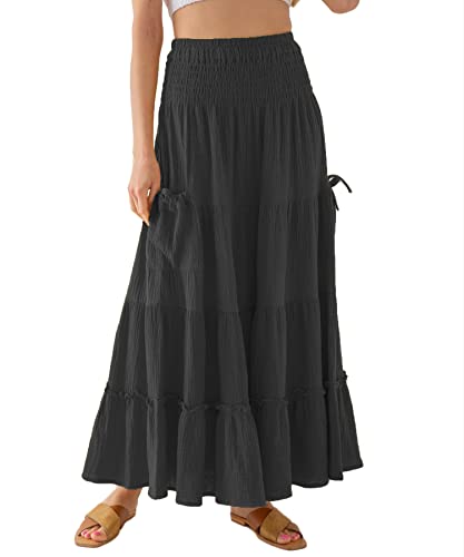 Amazhiyu Langer Rock Damen Maxirock Lang Hohe Taille Röcke Sommer 2 in 1 Sommerrock A-Line Boho Beach Skirts for Women Mit Taschen, Schwarz, S von Amazhiyu